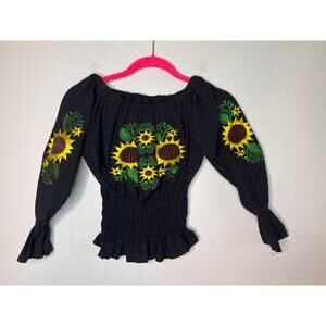1970s Embroidered Sunflowers Hippie Boho Mexican Smocked Off Shoulder Shirt S